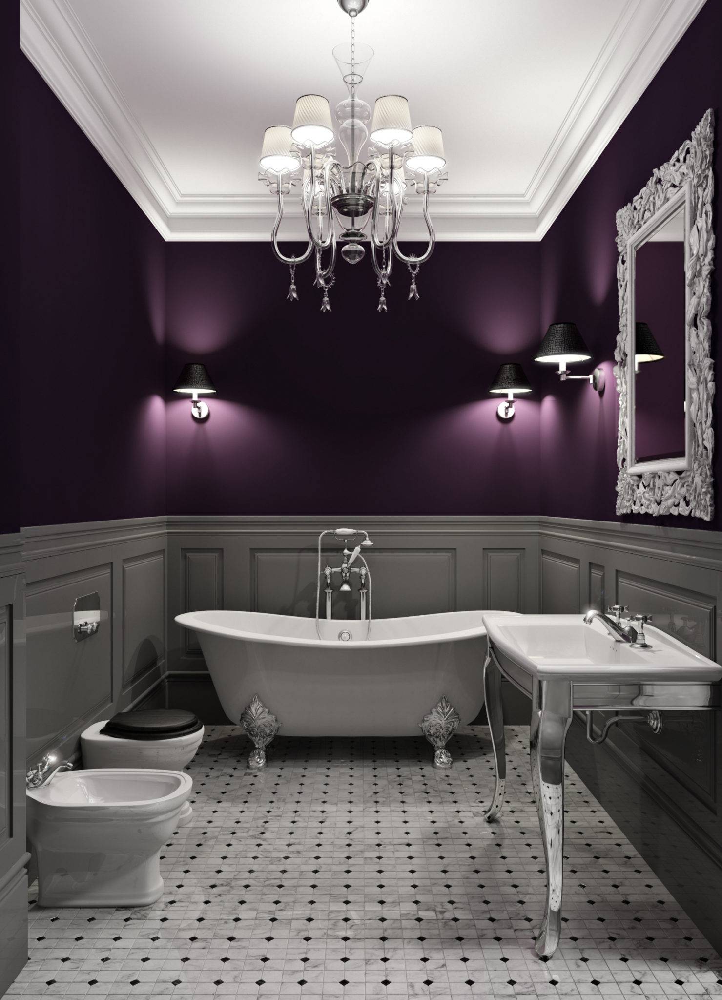 Elegant Bathroom With Chandelier And Purple Wall With Grey Wainscoting 25892 1479x2048 
