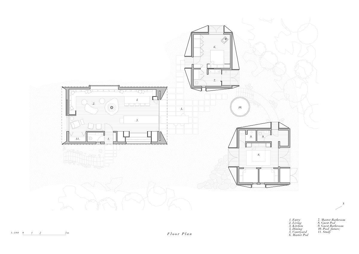 Floor plan of Awaawaroa Bay House designed by Cheshire Architects in New Zealand