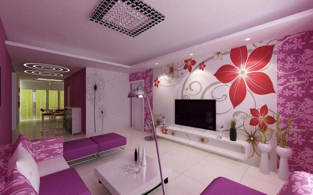Floral wallpaper all over lavender living room