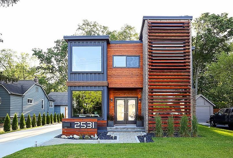 Front view of container home with pathway