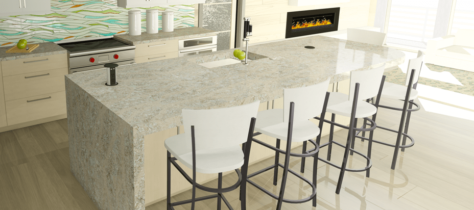 Kitchen with marble countertop and four white high chair