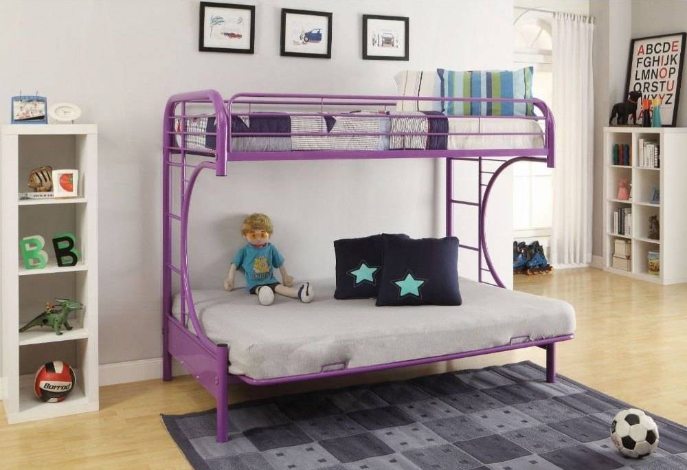 Lavender metal bunk bed with cushions and doll