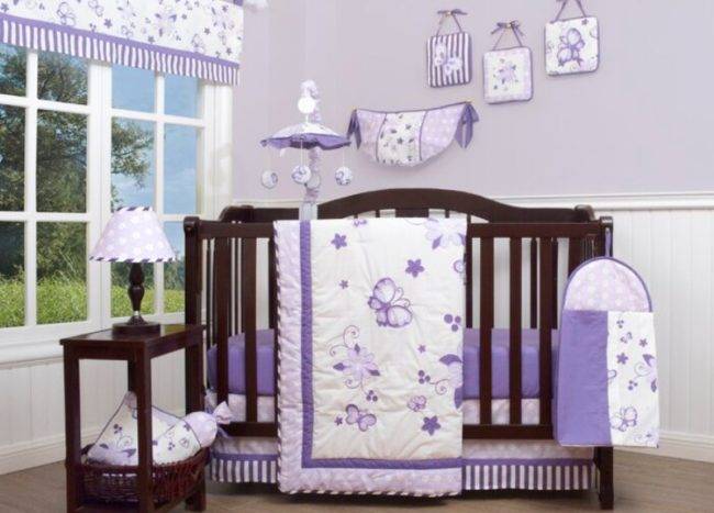 Colors That Go With Lavender 15 Inspirational Photos Decoist   Lavender Nursery Room With Dark Brown Crib And Side Table 18459 650x467 