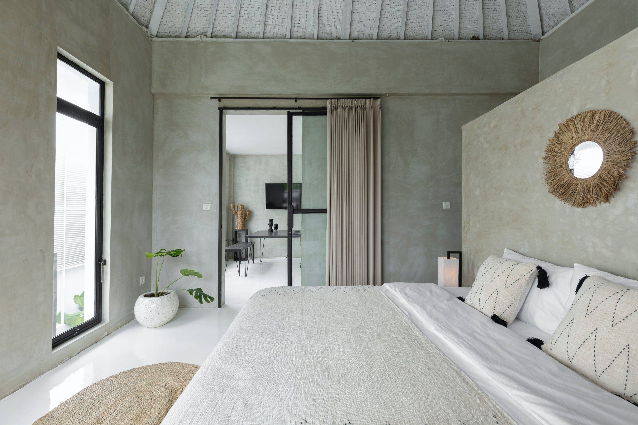 Modern bedroom in grey wall