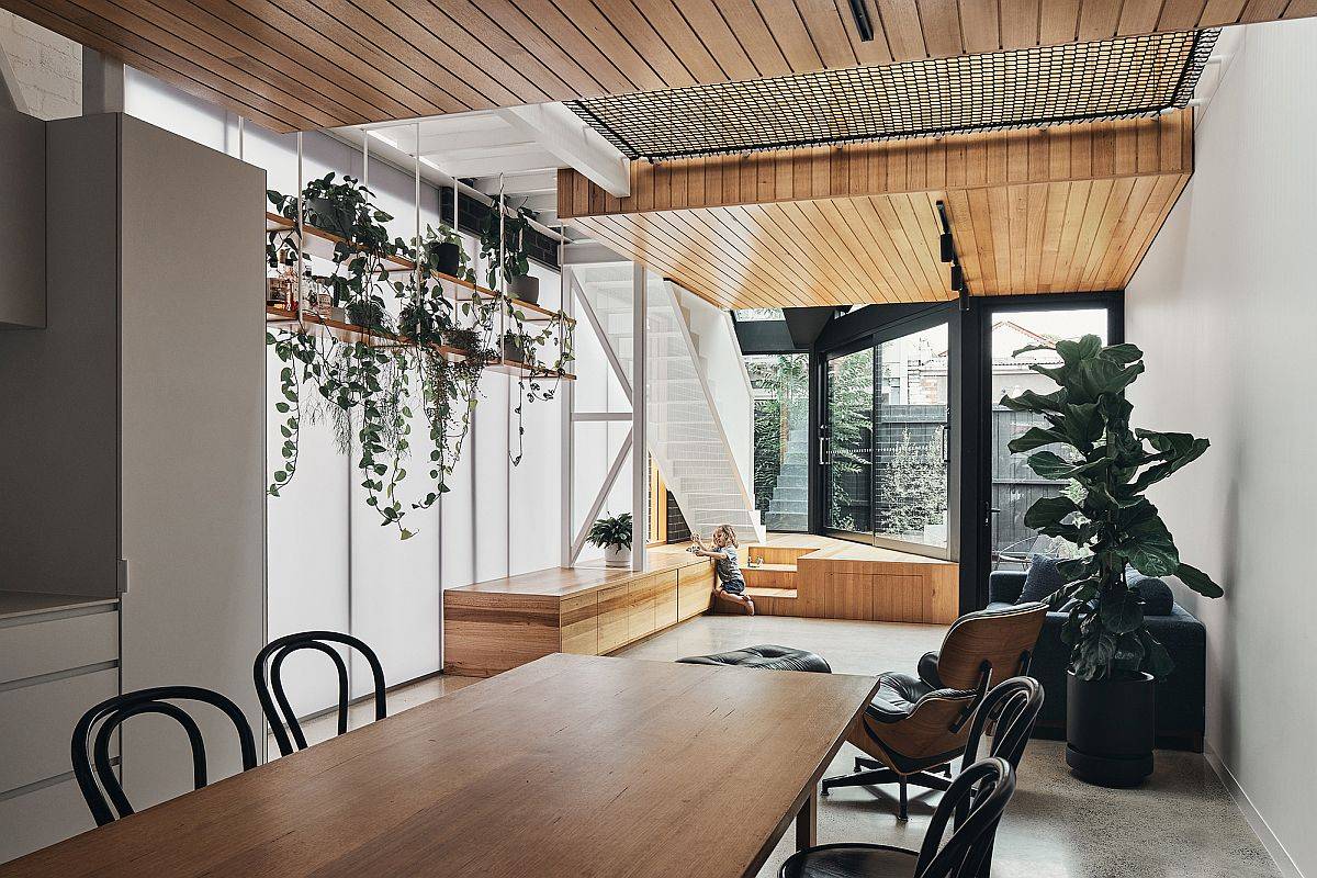 Open plan living area and dining room of the Earl Street House in Melbourne