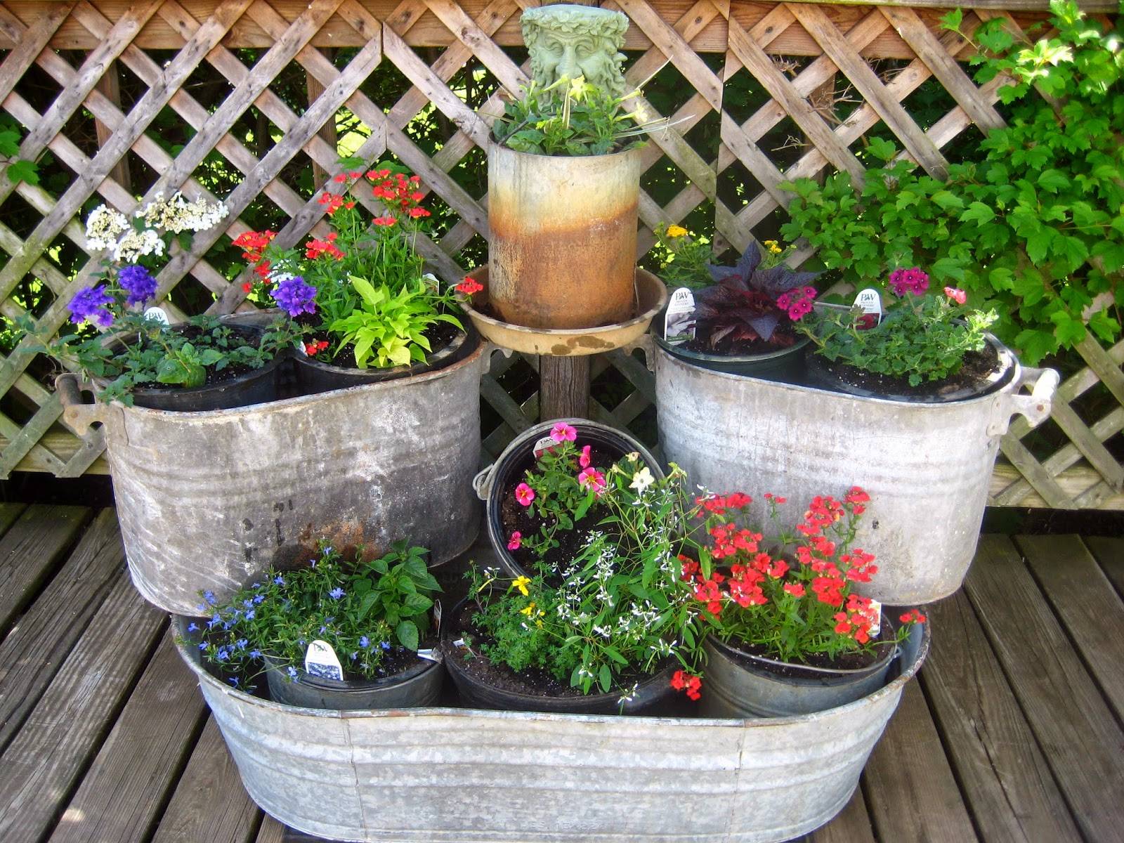 Repurposed Metal Bucket Flower Pots