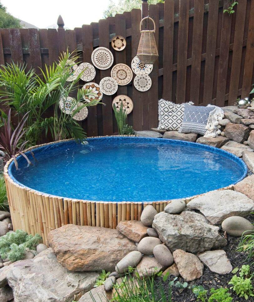 Round pool with hanging outdoor art