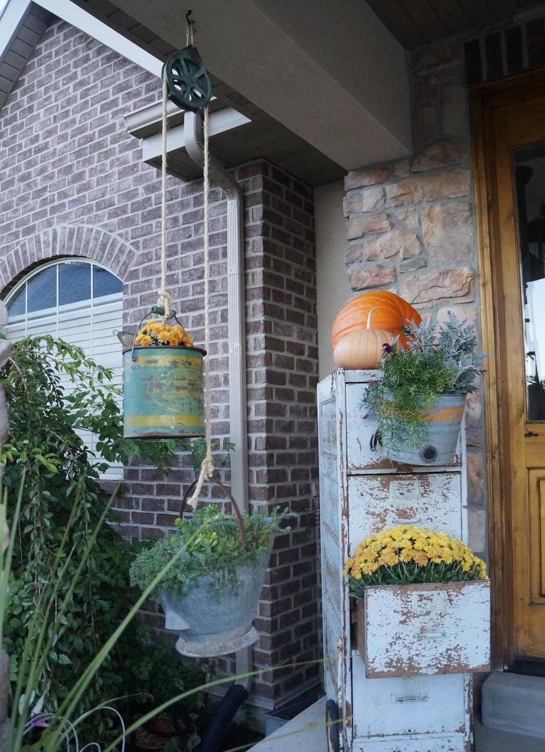 Rustic Filing Cabinet and Planter Pulley Decor