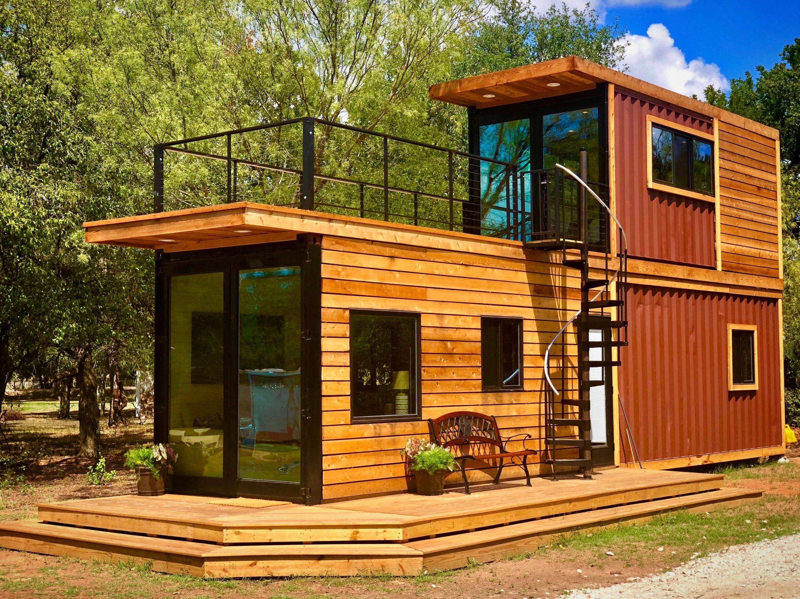 Two-story container house with spiral staircase