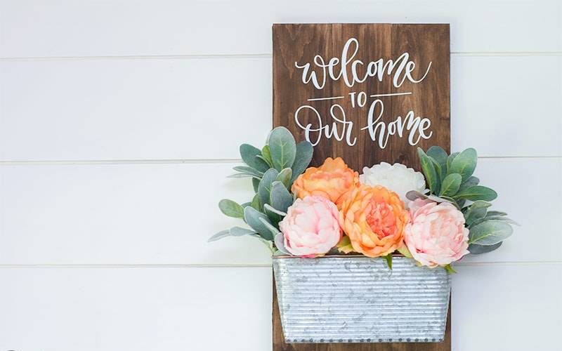 Wooden Welcome Sign with Planter