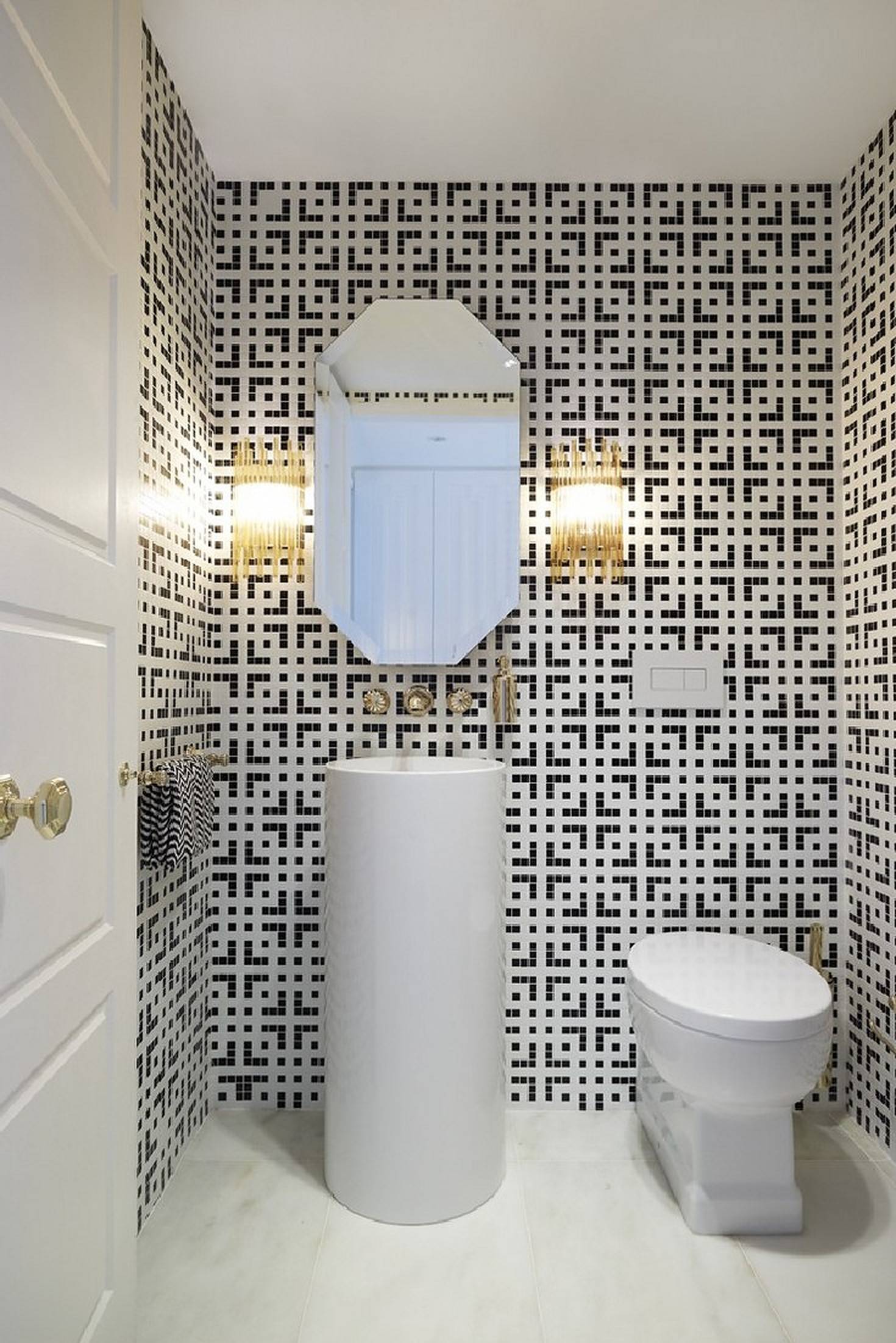 Bathroom with black and white wall tiles