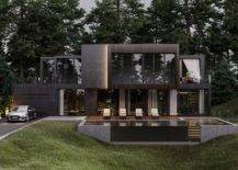Black house in the woods with car and pool
