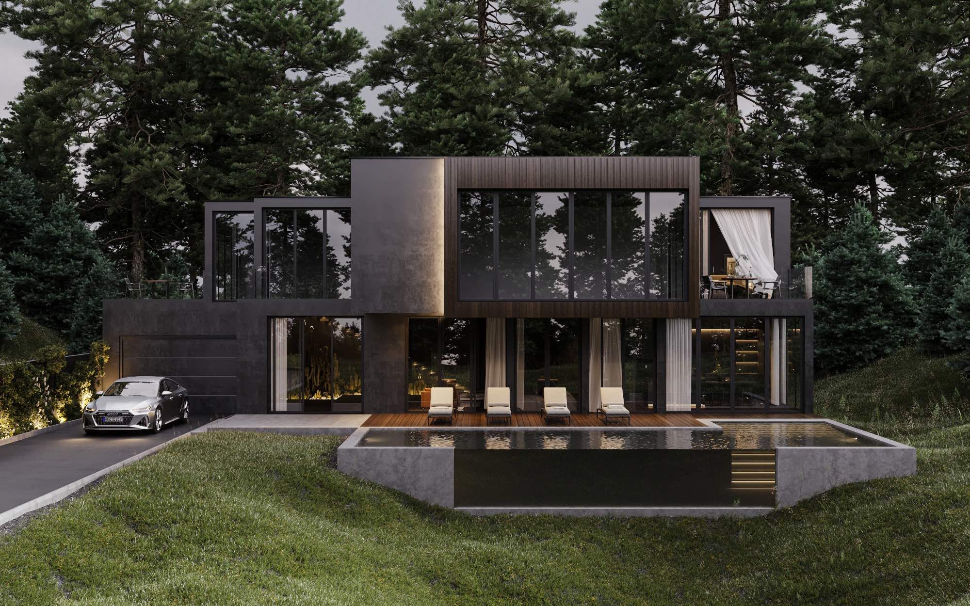 Black house in the woods with car and pool