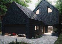 Black house with semi-open garage door