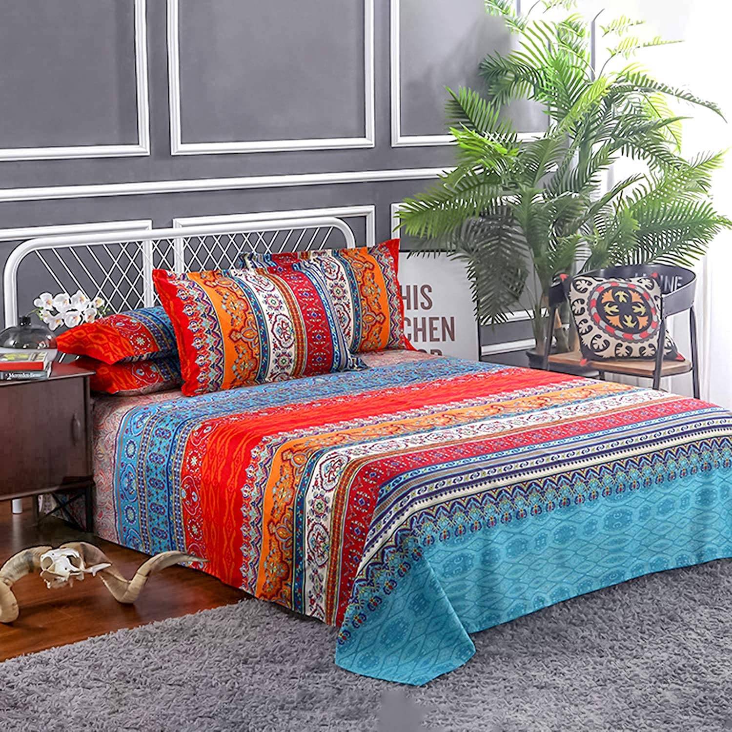 Boho printed bed sheets and pillow cases on bed