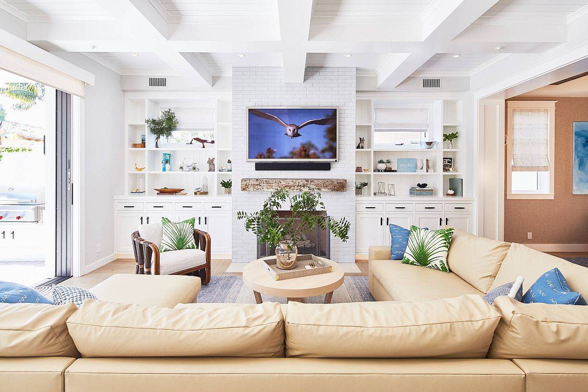 Brilliant modern farmhouse style family room in white with smart blue accents