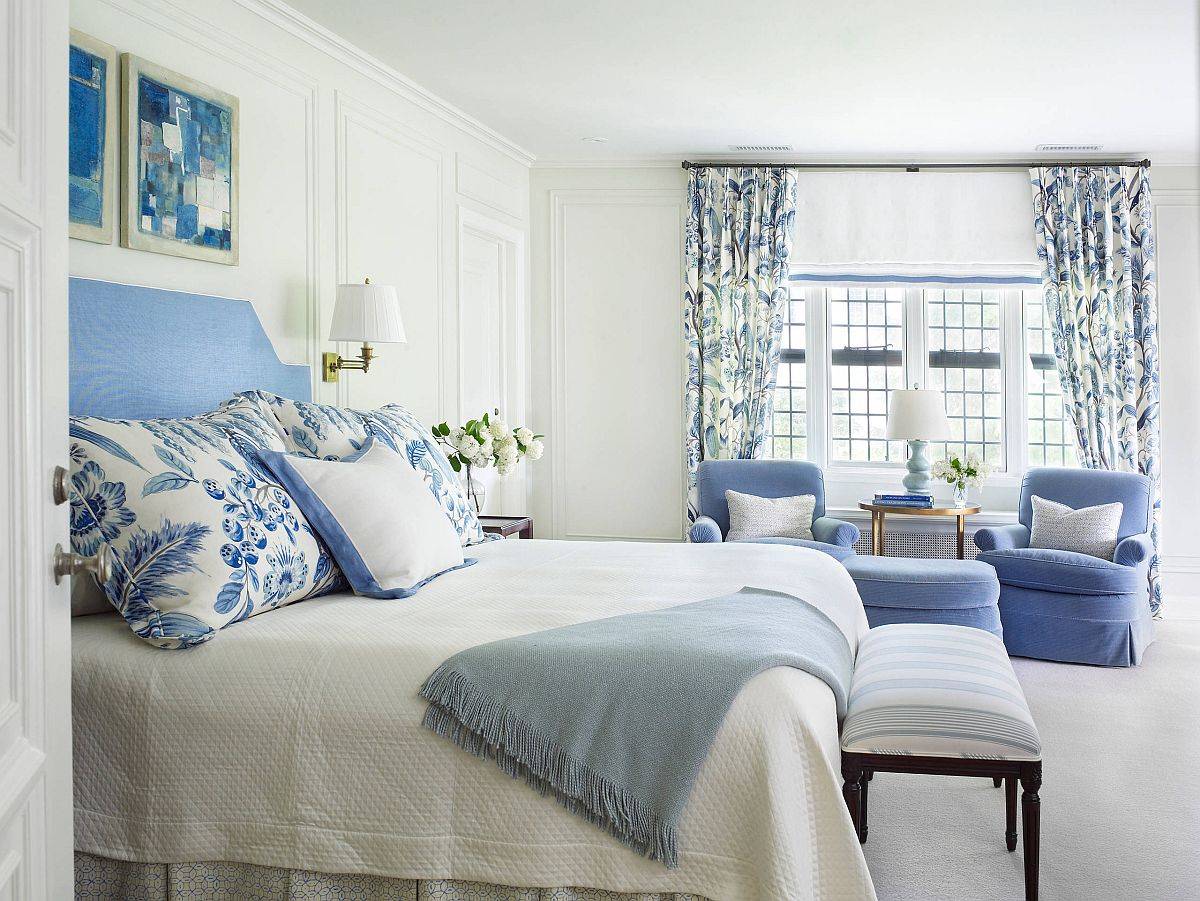 Cheerful and bright French Country style bedroom of modern New York home