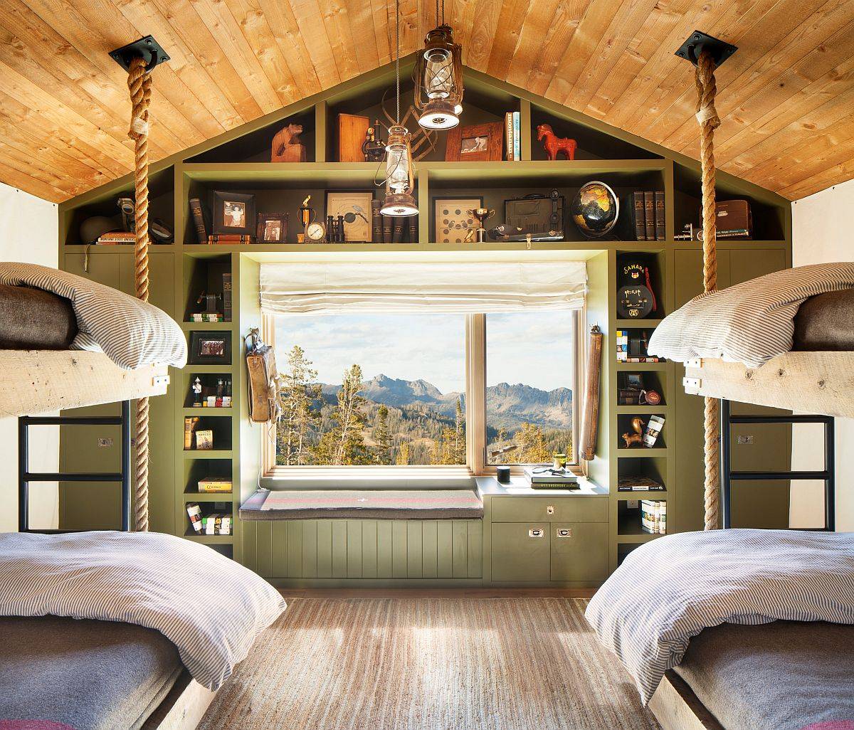 Comfortable-and-spacious-cabin-style-kids-bedroom-in-wood-and-light-green-35103