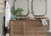 Double bathroom vanity with two mirrors and pendant lights