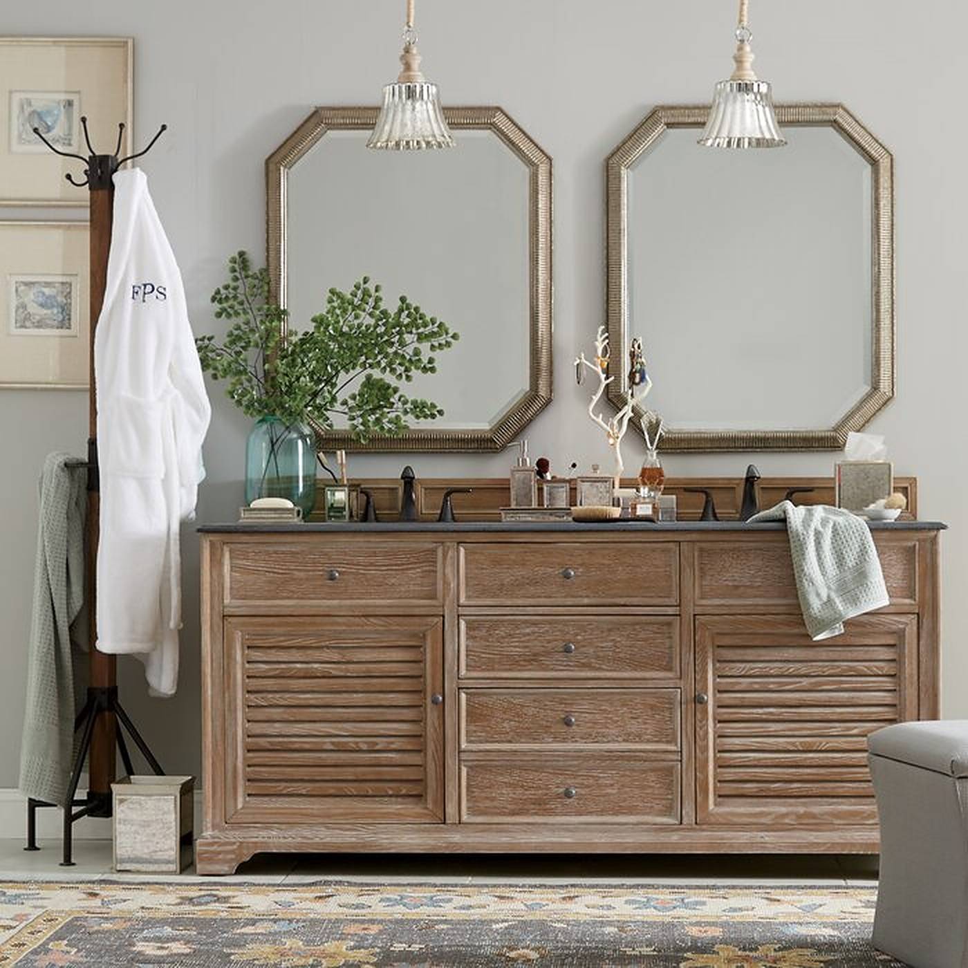 Double bathroom vanity with two mirrors and pendant lights