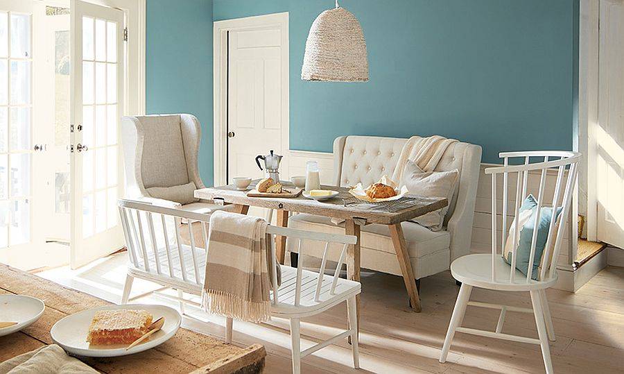 Fabulous contemporary dining room in whie and Aegean Teal from Benjamin Moore