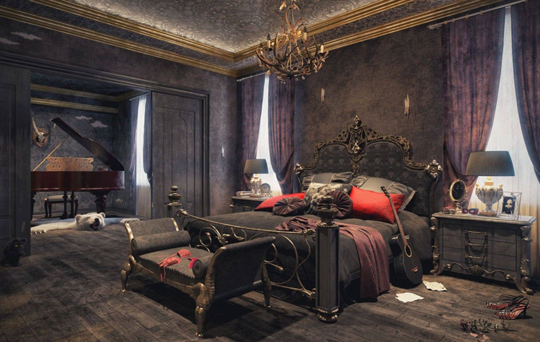 Gothic Bedroom with Velvet and Silk Fabric.