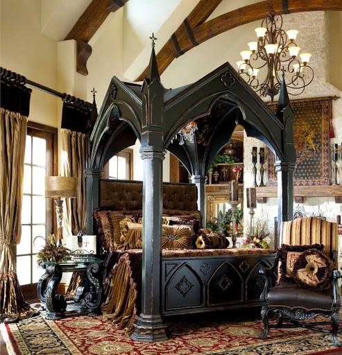 Gothic Bedroom with a Large Chandelier