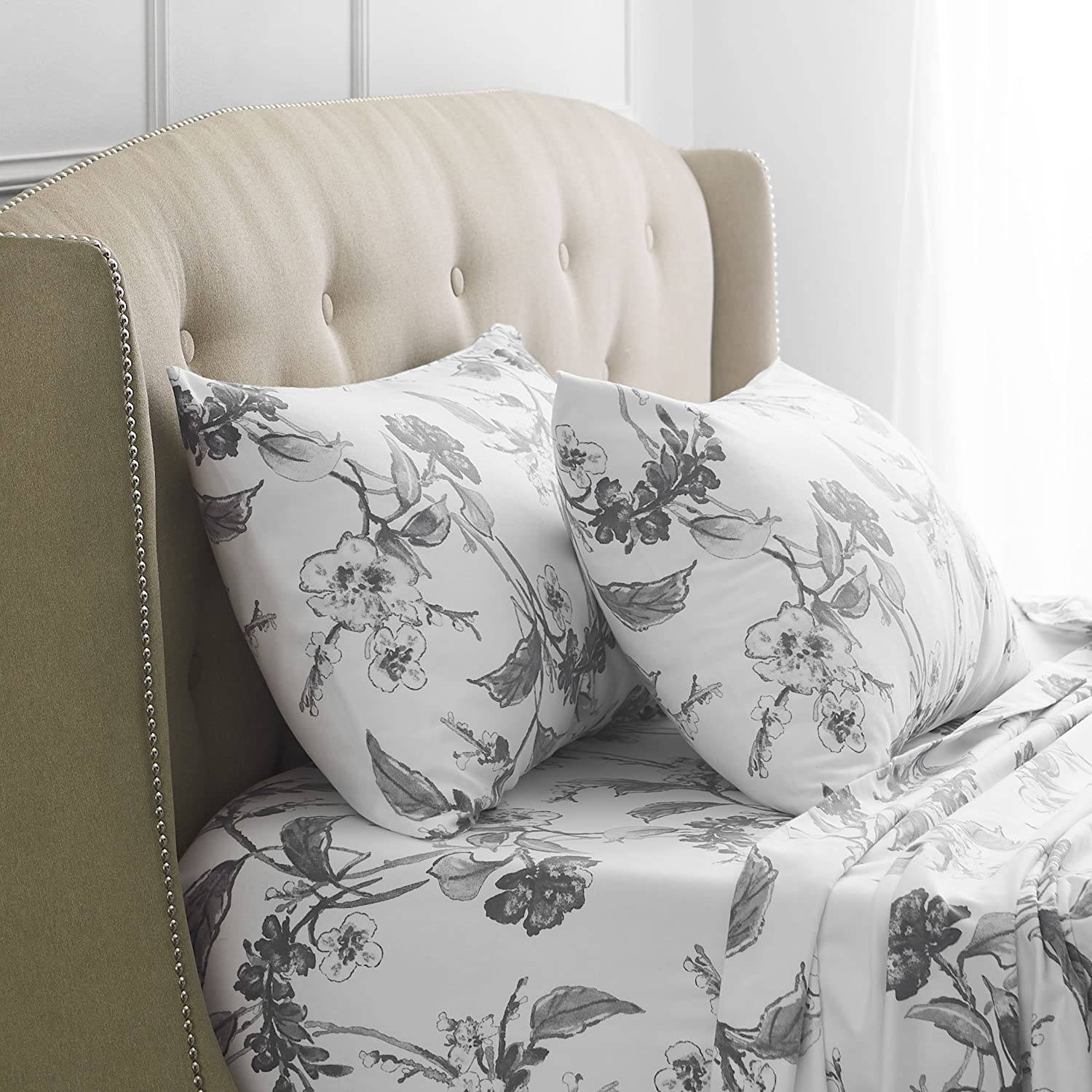 Grey floral printed pillow case and bed sheets