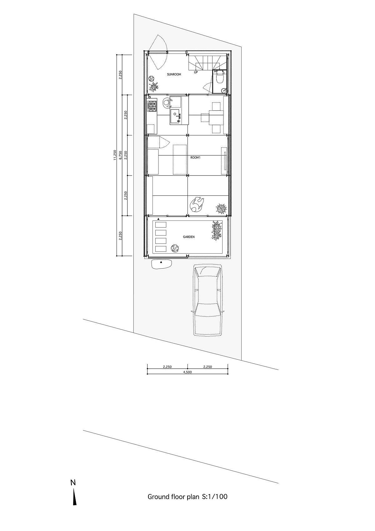 Ground floor plan of the adaptabl and flexible house in Japan with smart frame