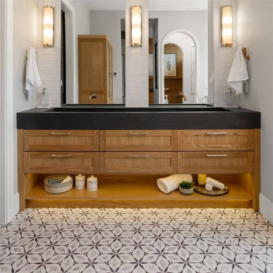 Modern bathroom sink with wooden drawers