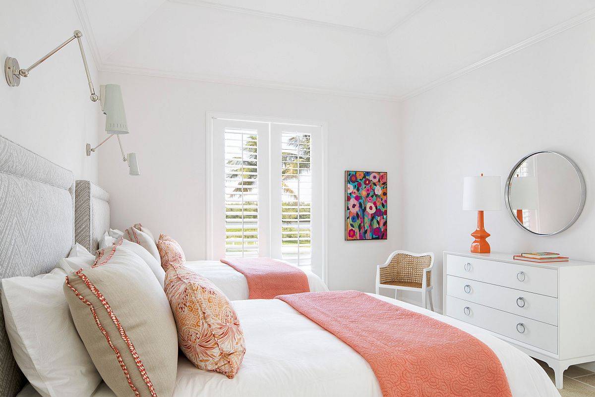 Modern kids' bedroom in white with relaxing pops of light coral