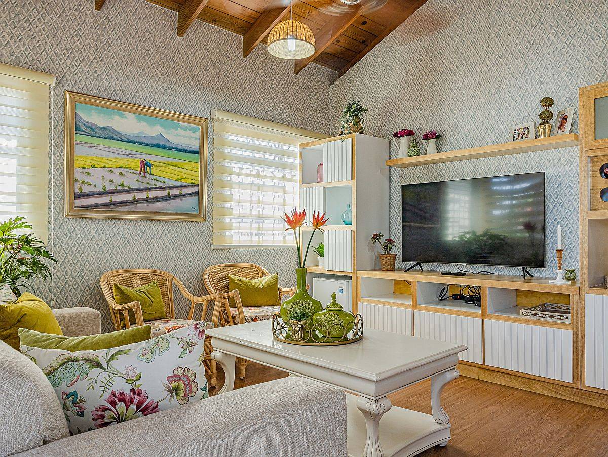 Pattern-filled beach style family room with eye-catching pops of green and yellow