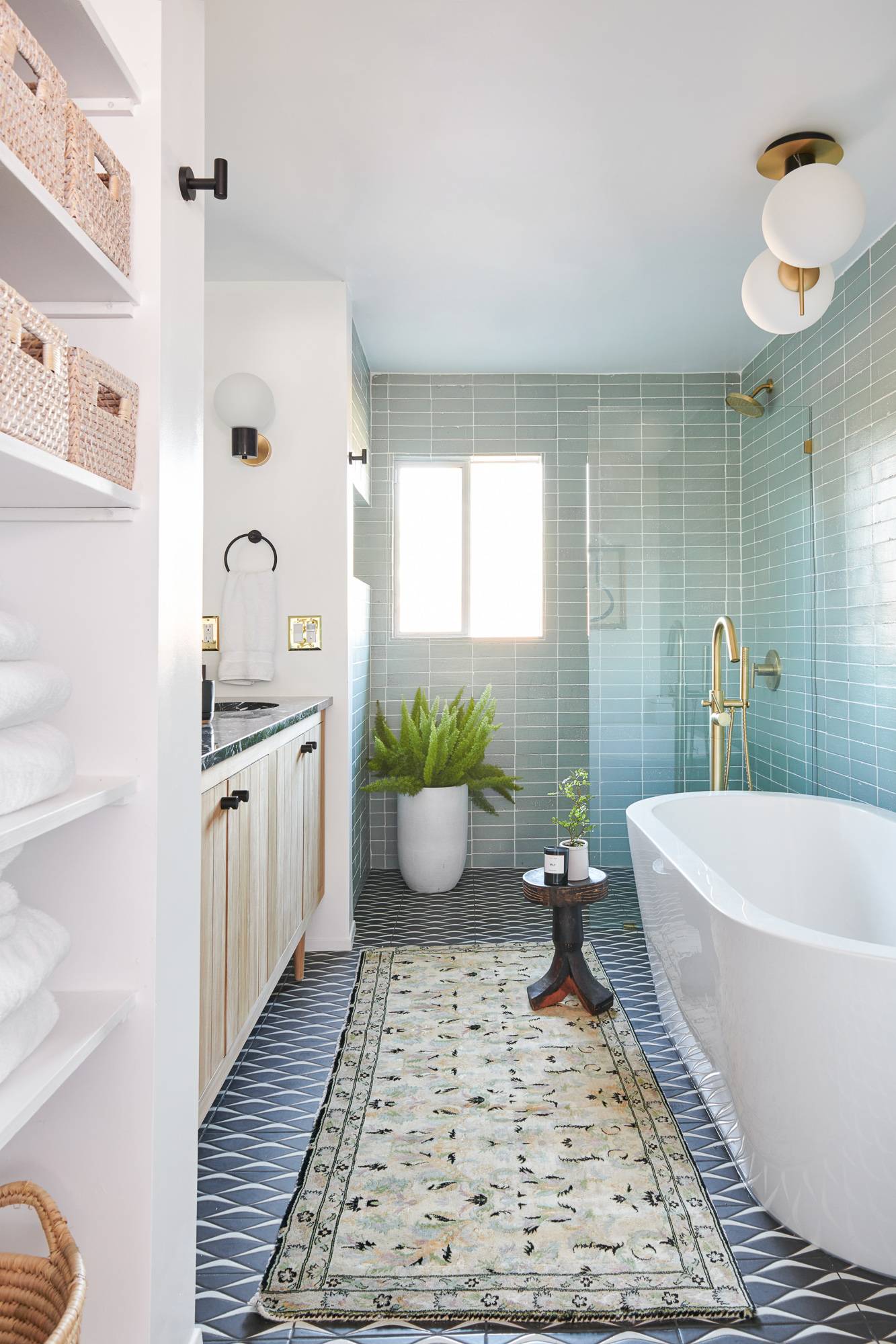 Potted plants beside bath tub