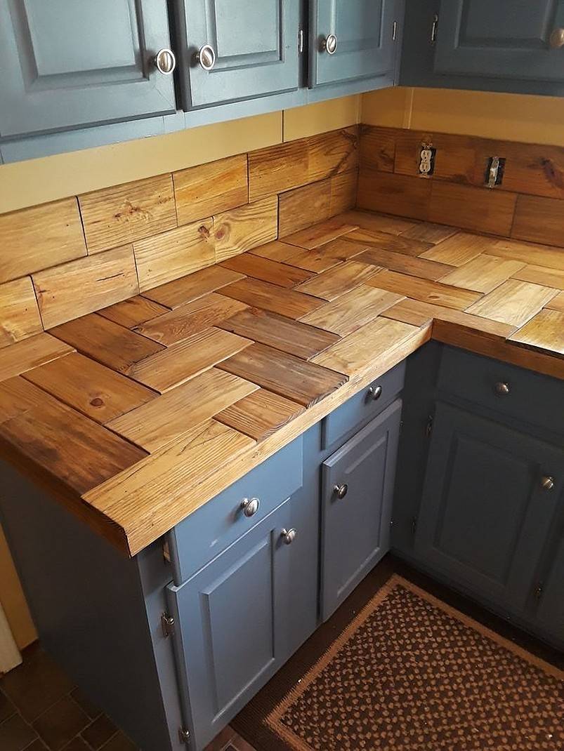 Rectangular wood cuts forming countertop
