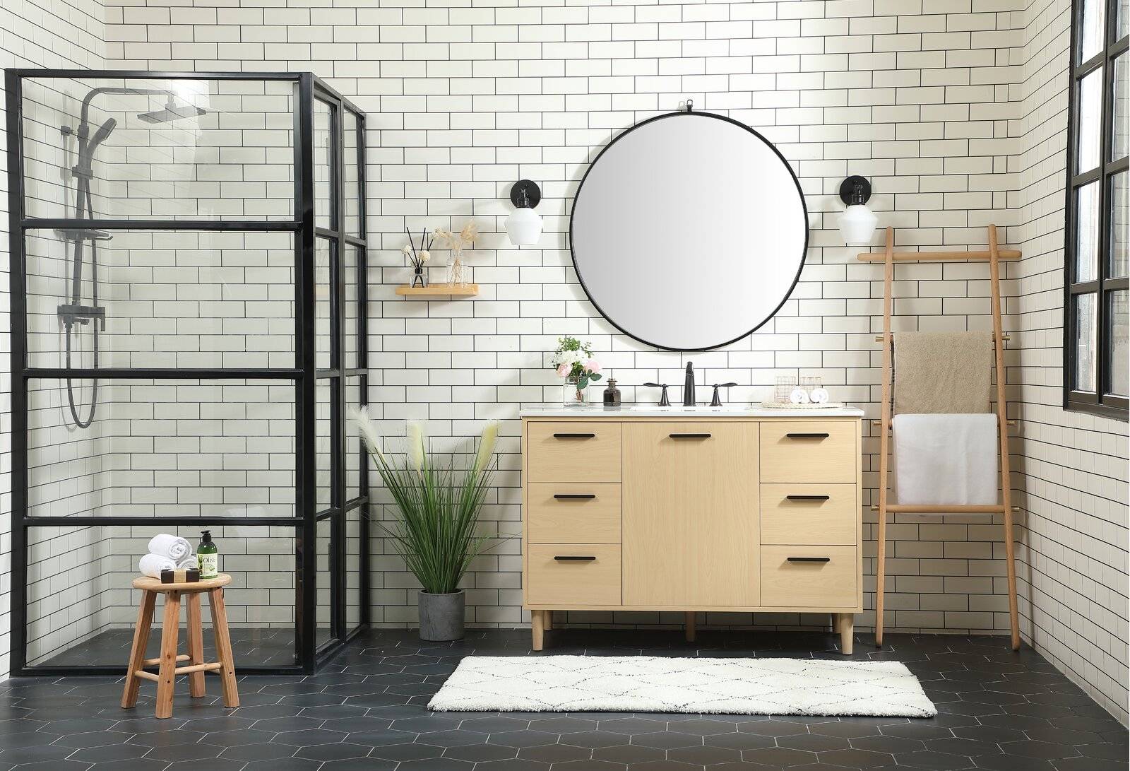 Shower room with round mirror and vanity