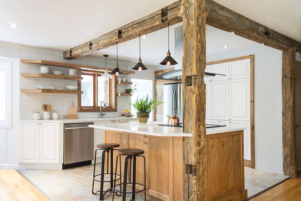 Slim wooden shelves, cabinets and beams for the kitchen in white