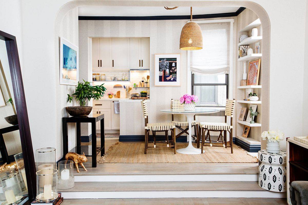 Small dining space sits snugly between the kitchen and living room