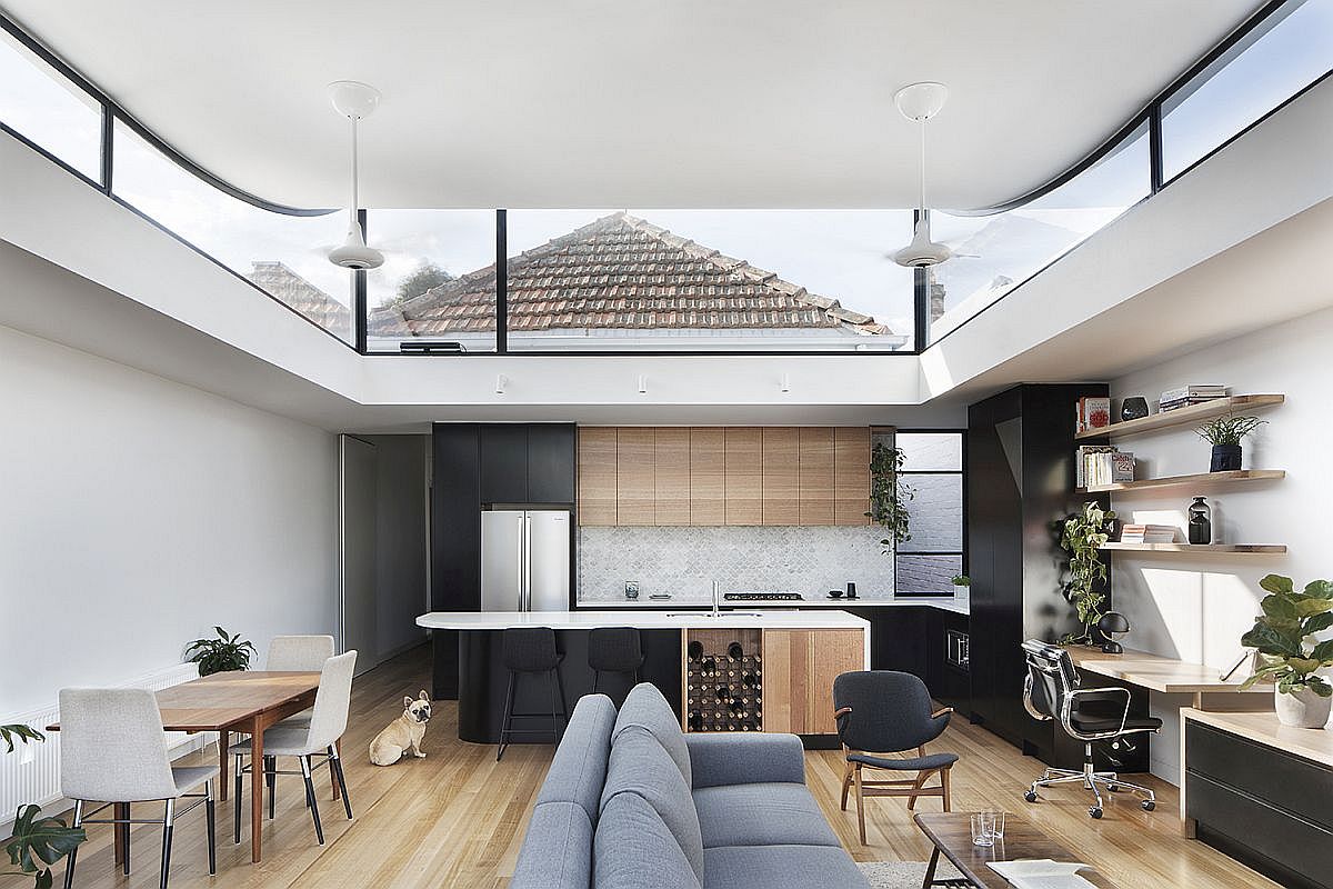 Stylish open plan living area with curved roof and smart clerestory windows