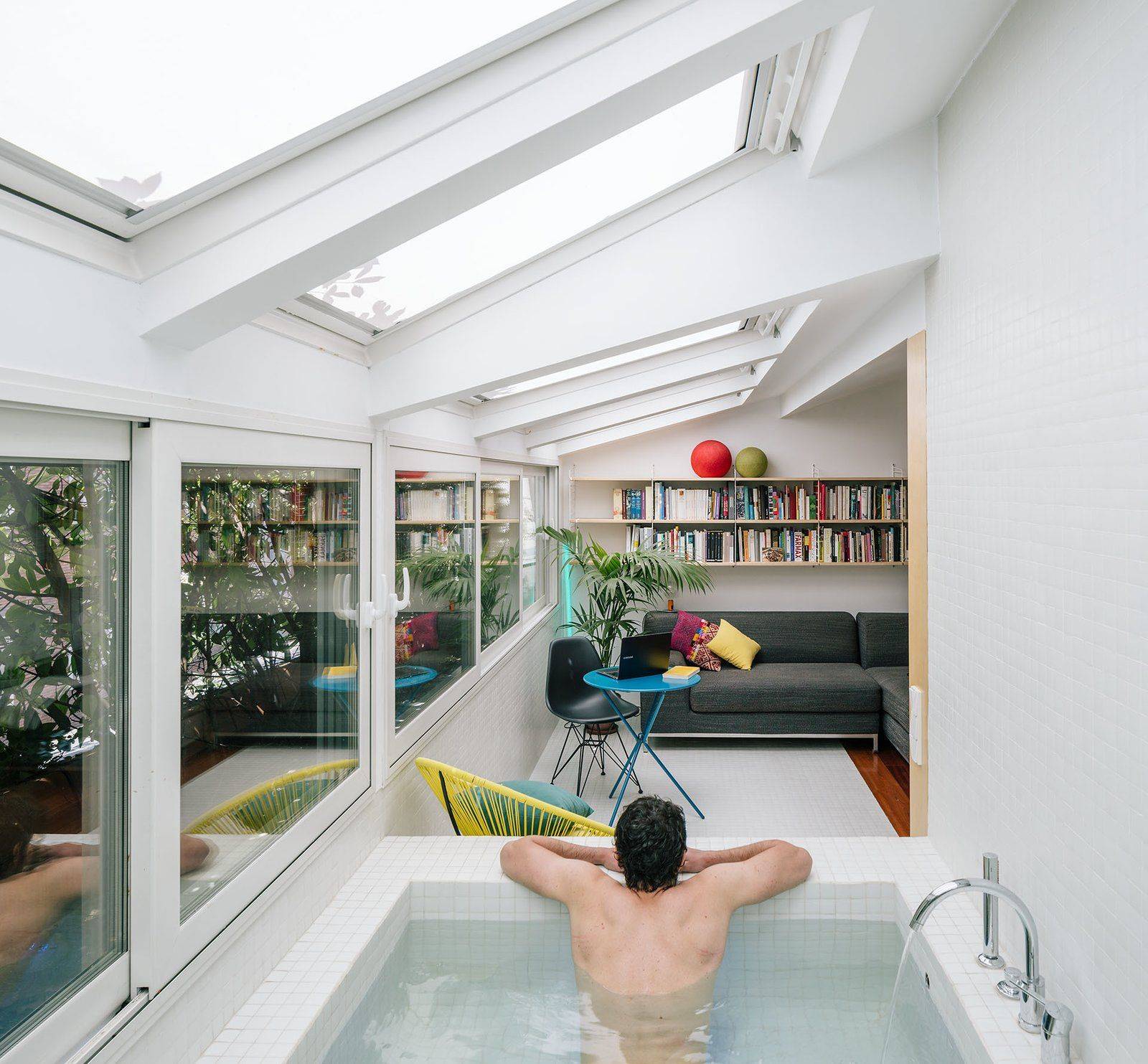 Tiles and Stone Designed Sunken Bathtub in Bedroom