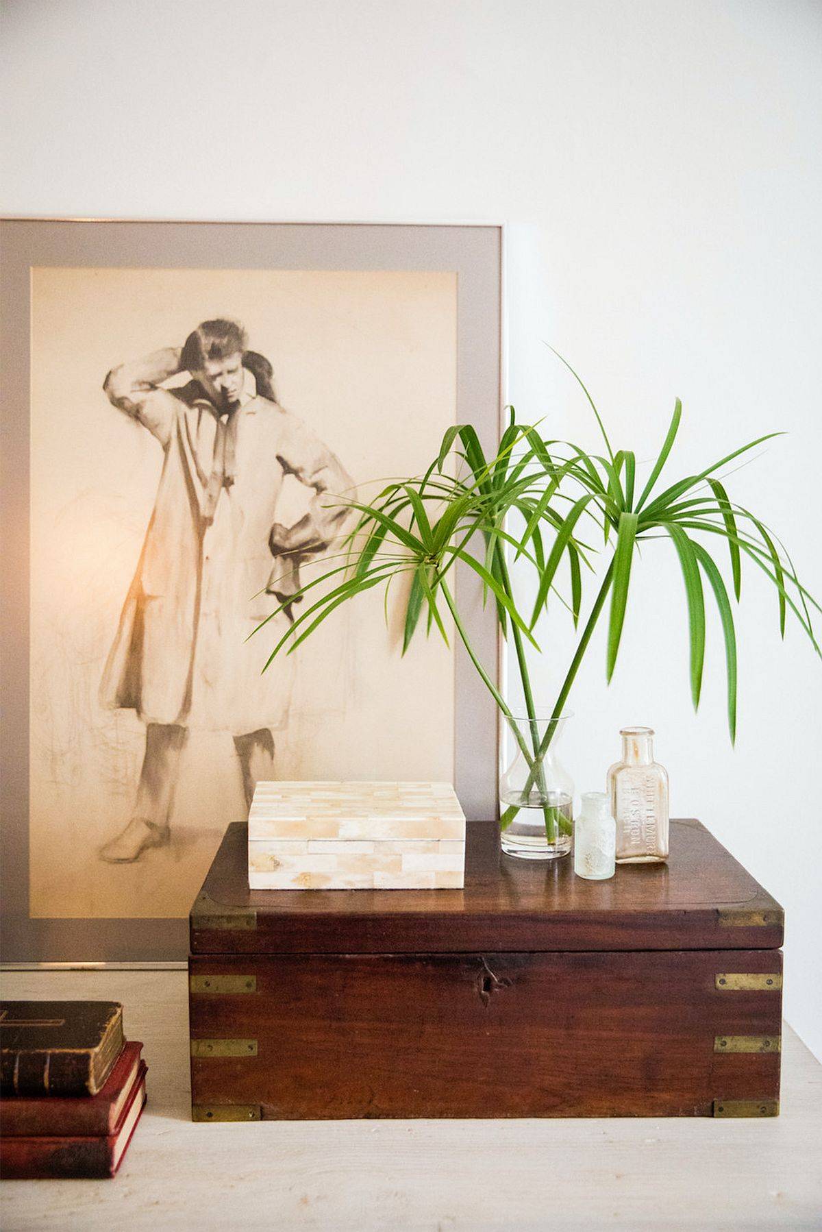 Wooden box and small art piece for the bedroom table