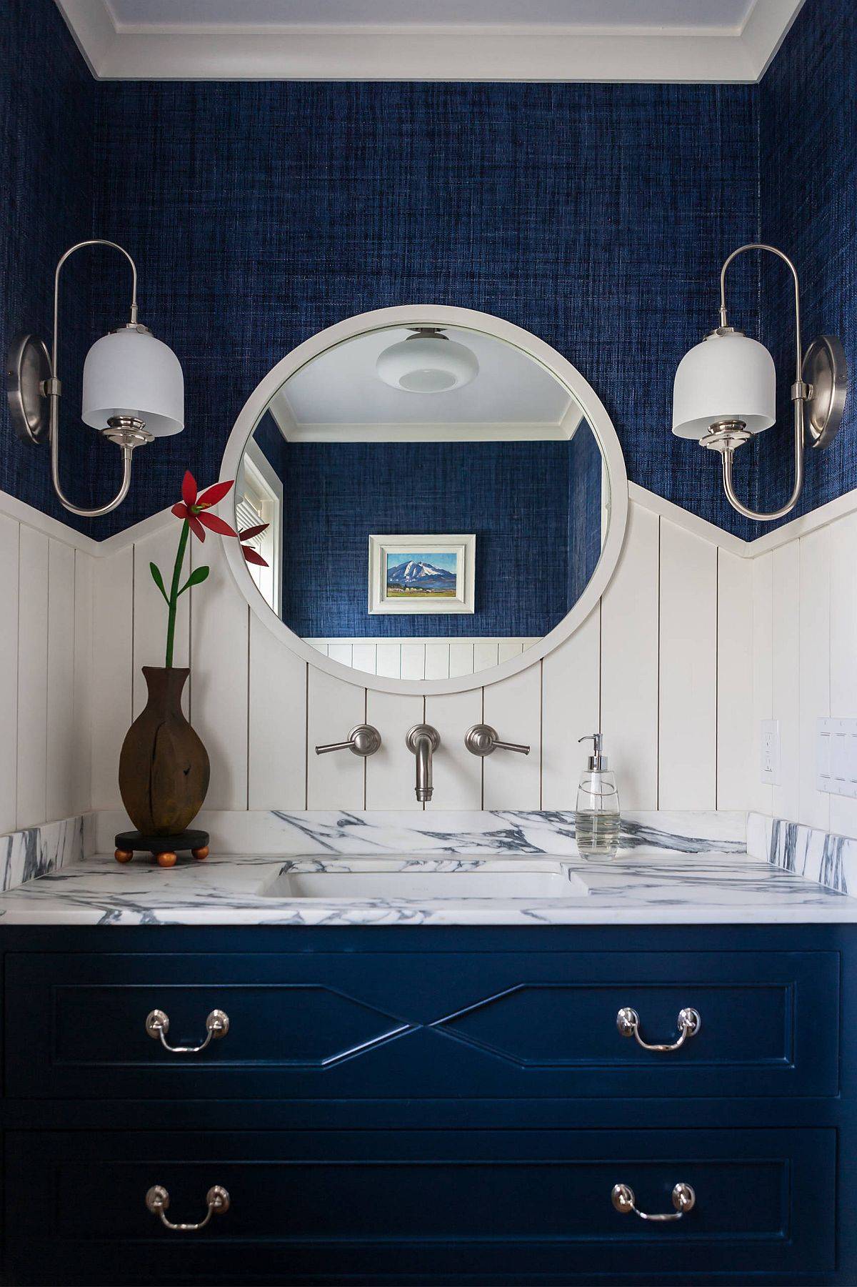 Beach-style-powder-room-in-blue-and-white-with-marble-countertop-and-plenty-of-textural-contrast-58436