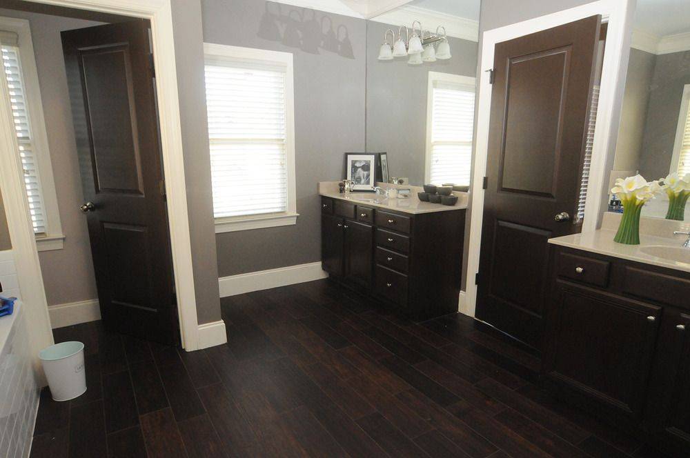 Charming Dark-Colored Wood Tile Bathroom Floor