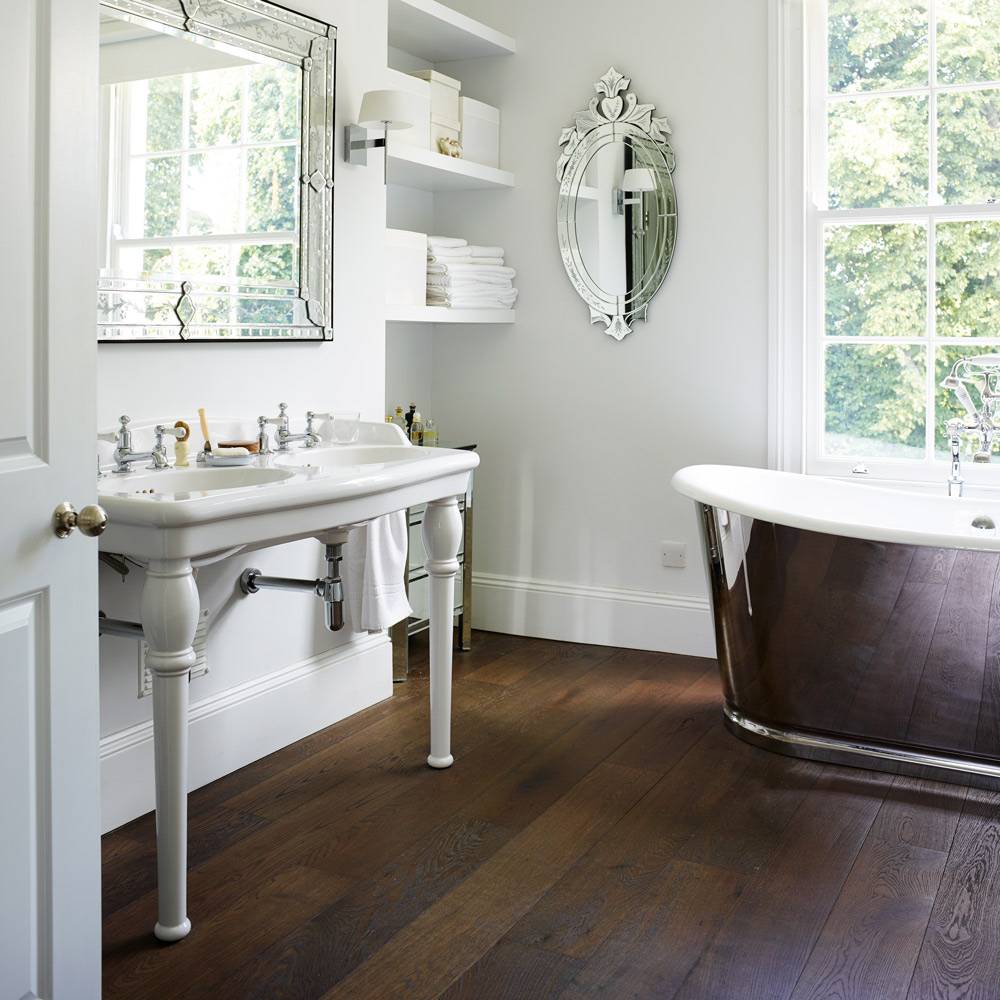 Charming Dark-Colored Wood Tile Bathroom Floor