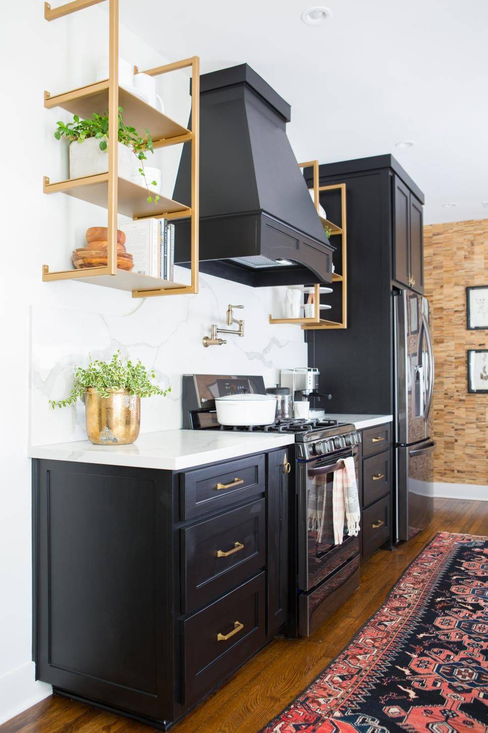 Chic White And Black Cabinets with Gold Accent.