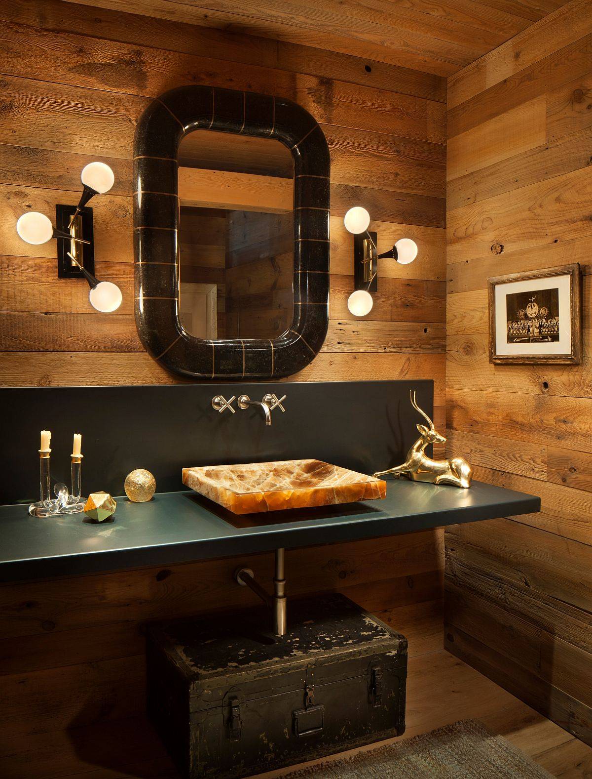 Finding a balance between modern ergonomics and classic rustic aesthetics in the wood-clad powder room