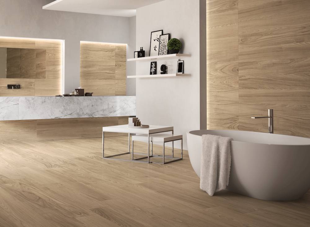 Full Wood Tile Bathroom With White Bathtub