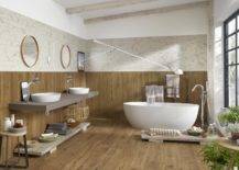 Full Wood Tile Bathroom With White Bathtub.
