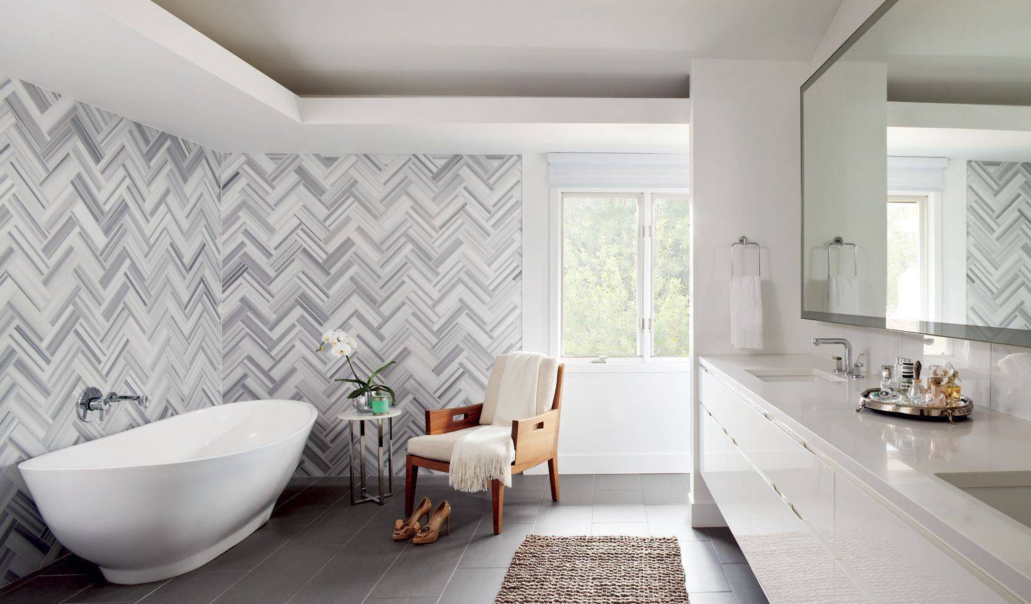 Herringbone Tile Bathroom Wall.