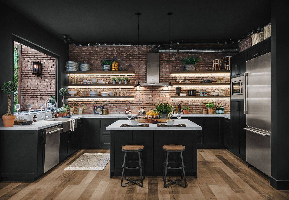 LED strip lights under the floating wooden shelves add to the modern industrial style of this kitchen