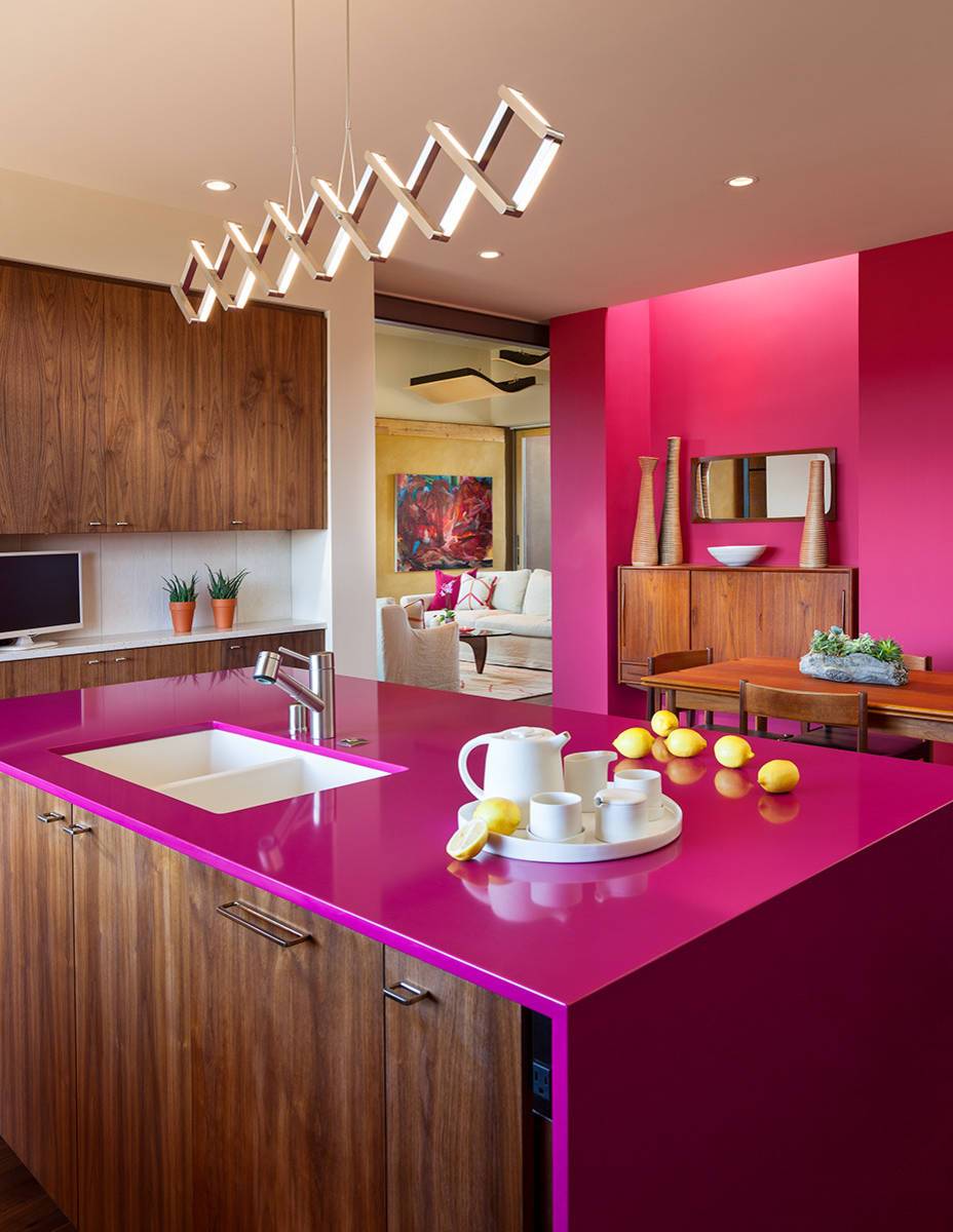 Minimalist Kitchen with Hot Pink Countertop
